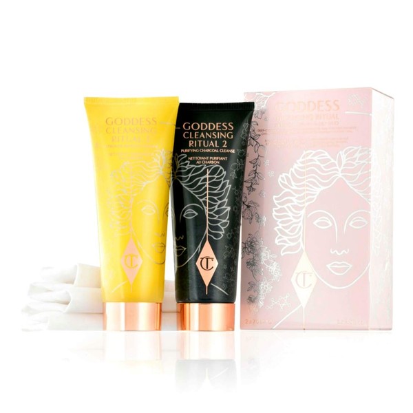 Charlotte Tilbury Goddess Cleansing Ritual. Two-step cleansing ritual with a citrus-based makeup remover followed by a bamboo charcoal-based purifying cleanser. 75ml/ 2.5 oz. each