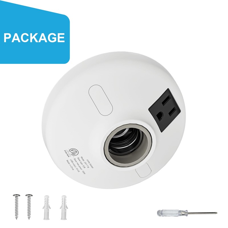 3-in-1 Light Socket Adapter with USB (5V/2A) & Outlet -