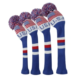 Scott Edward USA Flag Patriotic Golf Club Covers Set of 4 Driver*1 Fairway*2 Hybrid/UT*1 Anti-Pilling Anti-Wrinkle Washable Acrylic Yarn Knit Golf Club Head Covers for Golfers
