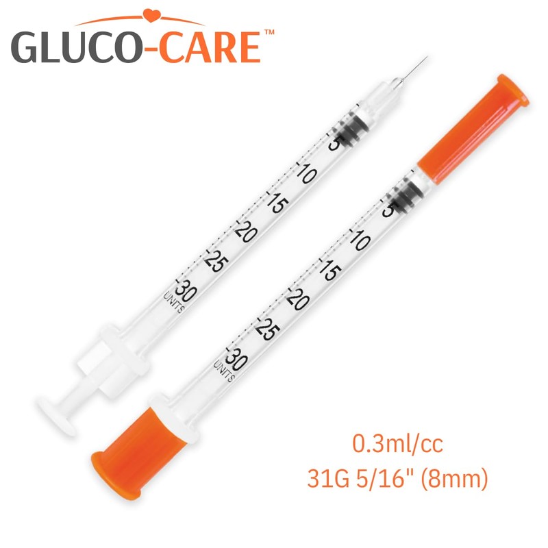 GLUCO-CARE 0.3 ml/cc Syringes 31G x 5/16’’ (8mm), Orange Cap,