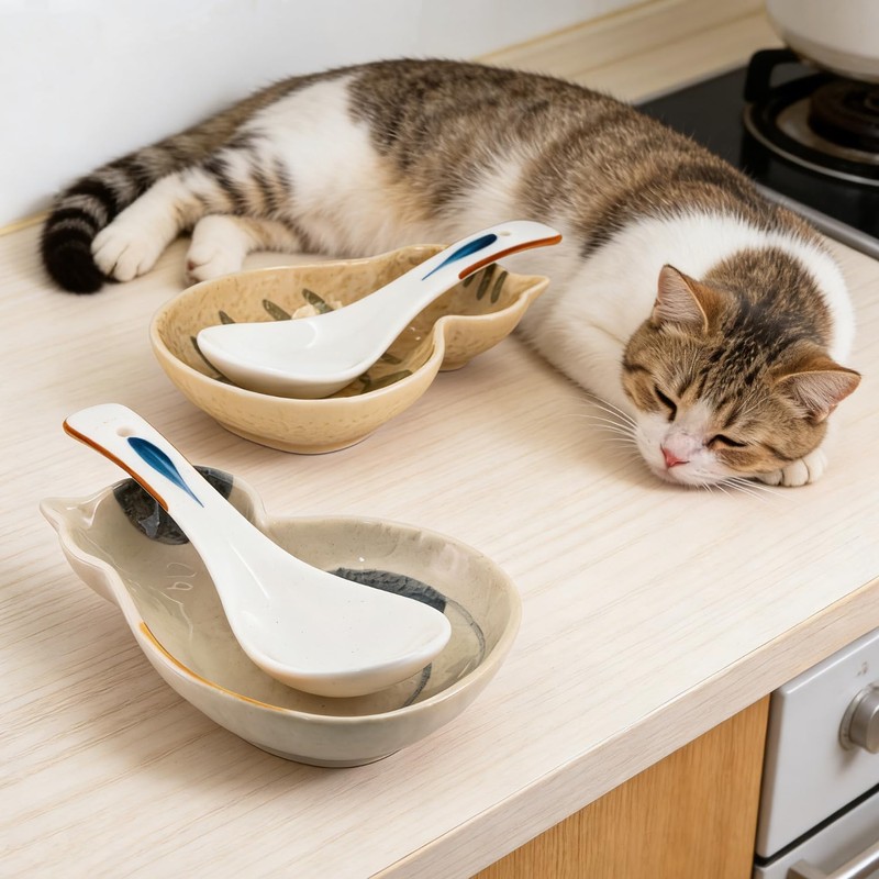 Aijohnny 2 Pack Cute Cat Ceramic Spoon Rest, Spoon Holder