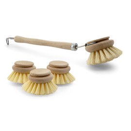 Novaliv Set of 4 1 x Washing Up Brush I 3 x Replacement Heads I Natural Fibre I Wood I Large I Washing Up Brushes Kitchen Brushes Dish Brushes Scouring Brushes Kitchen