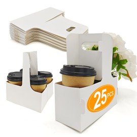 MIQQFUT 25pcs Cardboard Cup Holders 2 Or 4 Cups Assemblable White Drink Carrier with Handle 12-30 Oz to Go Cup Holder for Food Delivery Coffee Carrier Disposable Foldable