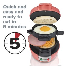 Hamilton Beach Breakfast Sandwich Maker with Egg Cooker Ring, Customize Ingredients, Perfect for English Muffins, Croissants, Mini Waffles, Dorm Room Essentials, Coral (25483)