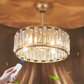 GDLT 18" Gold Caged Ceiling Fans with Lights Remote, Crystal Fandelier Fan Light Modern Enclosed Chandelier Fan with 6 Speeds for Bedroom Living Room Kitchen