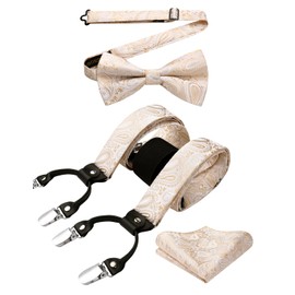 HISDERN Suspenders for Men Champagne Paisley Suspender & Pred-Tie Bowtie Pocket Square Sets Adjustable Y Shape 6 Clips Wedding Braces