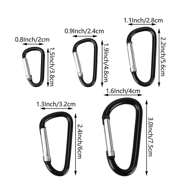 TEMLUM Aluminum Carabiner D-Ring, 5 Sizes, Ultra Lightweight, Keychain, Stylish, Outdoor, Camping, Fishing, Pet Lead, Black, Pack of 10