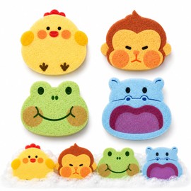 4 Pcs Animal Shaped Bath Sponge Set Soft Wood Pulp Bath Sponge Gentle Shower Sponge Lightweight Foam Sponge for Daily Bathing Hippo Frog Monkey Chick Design