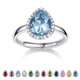 Bestyle 925 Sterling Silver Love Teardrop Cubic Zirconia Rings March Aquamarine Crystal Gemstone Rings for Women, Hypoallergenic Adjustable Rings for Every Finger