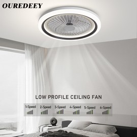 OUREDEEY 20'' Ceiling Fans with Lights and Remote, Low Profile Ceiling Fan with Light, 6 Wind Speeds Dimmable Light White Flush Mount Ceiling Fan, Smart Modern Ceiling Fan for home (black)