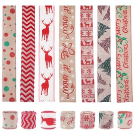 FOGAWA 7 Rolls Christmas Ribbon Christmas Burlap Ribbon Christmas Wired Edge Ribbon Hessian Ribbon Christmas Tree Ribbon Craft Ribbon for Gift Wrapping Wreath Bows DIY Crafts