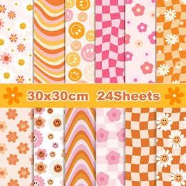 24 Pcs Boho Daisy Face Checkered Gift Scrapbook Paper Pad, Retro Groovy Checkered Double-Sided Paper for DIY Decorations & Cardmaking