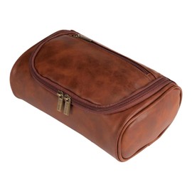 AIMALL 1 Small Travel PU Leather Cosmetic Bag 9.6x6.1x3.3 inches Men’s Toiletry Bag Waterproof Zipper Makeup Organizer with Mesh Pocket & Hanging Handle