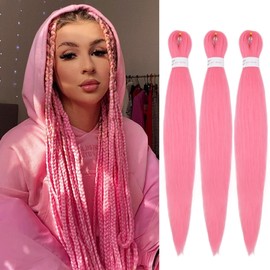 IXIMII 3 packs Pink Braiding Hair Pre Stretched 16 inch Pre-Stretched Kanekalon Braiding Hair Straight Crochet Braids Soft Yaki Texture Synthetic Hair Extensions Hot Water Setting