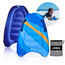 ZAMAS Kids Inflatable Surf Body Board with Handles and New Push-Button Valve, Lightweight Swimming Floating Surfboard Aid Mat Learn to Swim, Beach Safety Theme Surfing with Bonus Case (Blue-Yellow)