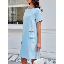Wenrine Women's Tweed Dress Summer Short Sleeve Crew Neck Elagant Formal Office Casual Work A Line Dresses Sky Blue