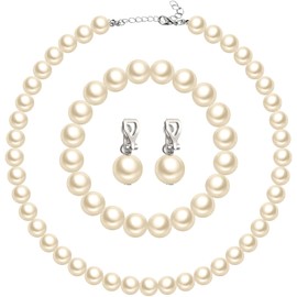 Aurelema 3 Pcs 1920s Faux Pearl Strand Costume Jewelry Sets Simulated Pearl Necklace Bracelet Earrings for Women(12 mm,Beige)