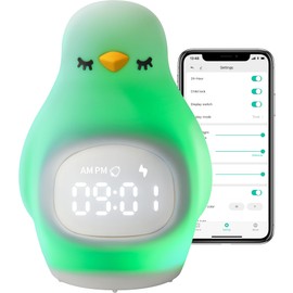 Kids Sleep Training Alarm Clock: App Control Night Light, Silicone, Sunrise Simulation, Rechargeable, Toddler Wake-Up Clock, Cute Penguin
