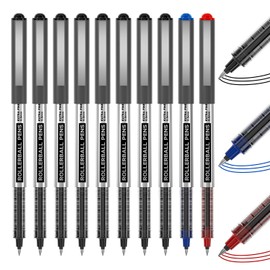 Shuttle Art Rollerball Pens, 10 Pack (8 Black, 1 Blue, 1 Red) 0.5mm Liquid Ink Pens, Quick Drying & Long Lasting Extra Fine Point Pens for Writing, Journaling, Notes Taking School Office Supplies