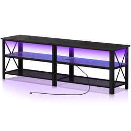 Clikuutory Modern Black 63 inch Metal TV Stand with LED Lights and Power Outlets for 40 50 55 60 65 70 Inch TVs, 3 Tier Television Stands with Entertainment Center and Storage for Living Room, Bedroom