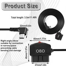 ZAMDOE Typ-C OBD-Verlängerungskabel für Dashcam GPS Radar OBD2 auf Typ C mit Umschalttaste 90-Grad-Winkel 24-Stunden-Überwachung 12V-24V auf 5V/3A 3,5 m für Benzin/Diesel Kabelanschluss