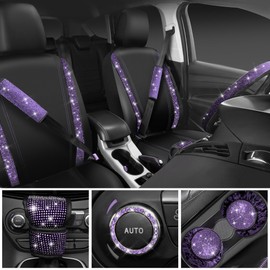 CAR PASS Leather Diamond Bling Seat Covers Sets 11 pcs, Bling Car Accessories Set for Women, Sparkly Rhinestone Steering Wheel Cover Sets, Glitter Cute Car Interior Sets for Women Girl, Violet Purple
