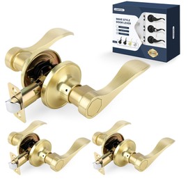 LOQRON Passage Wave Style Gold Door Handles (No Lock and Key), Non-Locking Reversible Gold Door Lever for Bathroom and Interior Closet, Satin Brass,3 Pack
