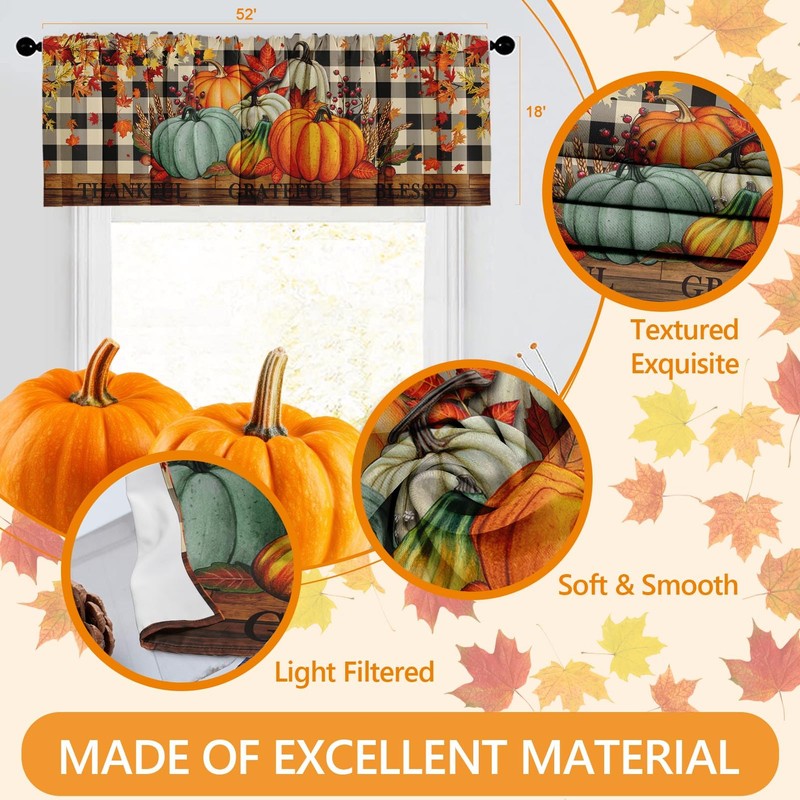 Nesphy Valances for Windows, 2 Pack, 52x18 Inch, Pumpkins Plaid