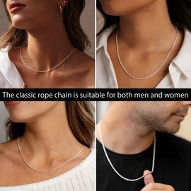 Porment 925 Sterling Silver Rope Chain Necklace for Women Men, Stacking Real Silver Chain for Men,Neck Chains for Mens,Solid Italy Rope Necklace Chain,16in 2mm Mens Necklace Women Necklaces Gift