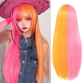 Salaibs Half Orange Half Pink Long Straight Wig for Women with Bangs Synthetic Natural Looking Heat Resistant Fiber Wig for Cosplay Daily Party Use