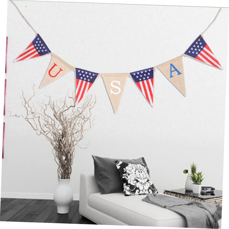Ciieeo 2pcs 4th of July American Flag Pattern Burlap Banner