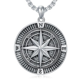 Shusukue Compass Chain 925 Sterling Silver Compass Pendant Necklace Oxidised Black Chain Compass Jewellery Gift for Men Boys, Sterling Silver