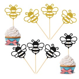 Ambishi 24pcs Bumble Bee Cupcake Toppers, Bee Theme Baby Shower / 1st Birthday/Wedding Party Decoration, Kids Birthday Gender Reveal Party Supplies, Black & Gold Glitter