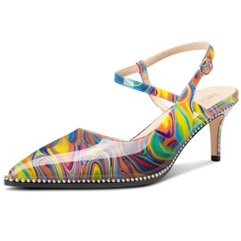 HDEUOLM Womens Mid Kitten Heel Pointed Toe Beaded Pumps Slingback Ankle Strap Buckle Prom Cute Patent Leather 2.6 Inches Heels Multicolor 7 M US