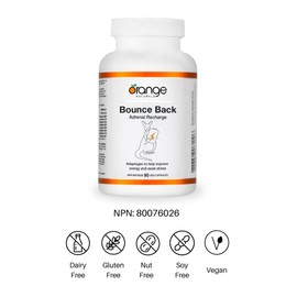 Orange Naturals - Bounce Back - 90 v-caps - Adrenal Recharge Supplements - Adaptogens Helps Improve Energy, Pressure Relief, Physical And Mental Performance, Promote Relaxation and Glandular Repair