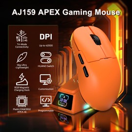 AJAZZ AJ159 APEX 8K Kabellose Gaming-Maus, Magnetische Ladestation mit Screen, Pixart PAW3950 Sensor,Bis zu 42000 DPI, 56g Ultraleicht, 100M Klicks HUANO-Schalter,Tri-Mode Mäuse, für PC/MAC (Orange)