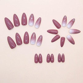 RUOKEXIN Almond Press on Nails Medium Fake Nails Purple Ombre False Nails with Glitter Designs Medium Almond Nail Press ons Sparkly Artificial Nails Cute Stick on Nails for Women 24Pcs