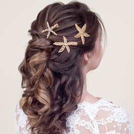 PAGOW 3 PCS Starfish Hair Clips, 3 Styles Gold Rhinestone Pearls Hair Clips, Faux Pearl Crystal Sea Star Wedding Headpiece Hair Accessories For Women Bride
