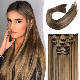LONAI Clip in hair extensions 6PCS Straight 24" Hair Extensions for Women，Heat Resistant Synthetic Hairpiece -Deep Brown with Dirty Blonde