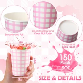 Honeydak 150 Pcs Gingham Paper Drinking Cups 9 oz Checkered Party Disposable Plaid Paper Cups Party Supplies for Wedding Birthday Fiesta Baby Shower Picnic(Pink)