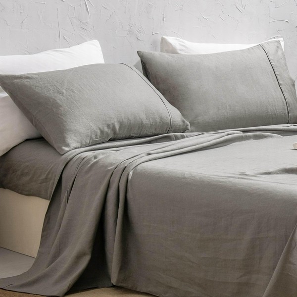 MEADOW PARK 100% Washed French Linen Sheet Set-King Size-Charcoal Linen-4