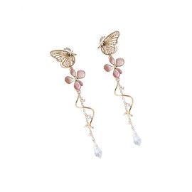 Leadigol Butterfly Earrings Personality Women Fashion Jewelry Pearl Sweet Tassel Pink Flower, Alloy Steel, No Gemstone