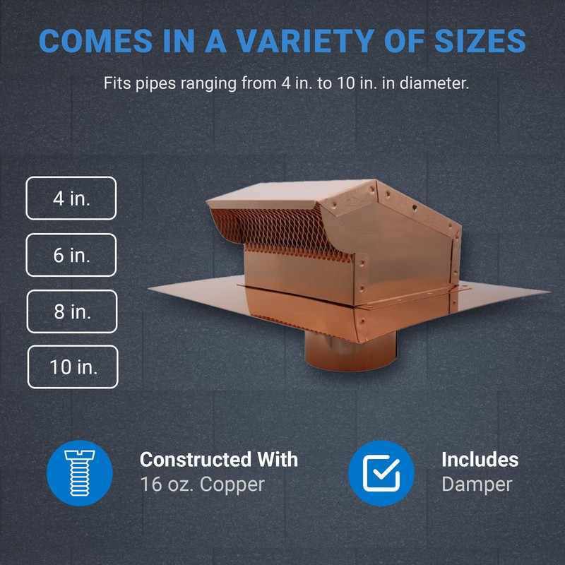 RDP Copper Rooftop Exhaust Vent Cap with Damper and Bottom