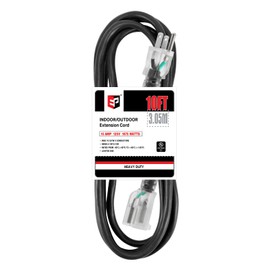 EP 10 Ft Lighted Outdoor Extension Cord - 10/3 SJTW Heavy Duty Black Extension Cable with 3 Prong Grounded Plug for Safety, UL Listed