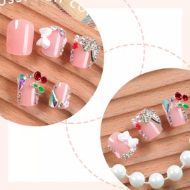 LPOODDNU 3D Press on Nails with Charms Short Square Fake Nails Glossy Pink Rhinestones Bows Crystal Butterfly Glue on Nails Luxury Acrylic Nail Kit Reusable Stick on Nails for Women Manicure, 24Pcs