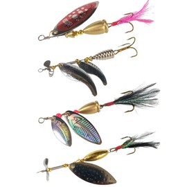 4 Cucharillas giratorias Spinner - Especiales para Trucha, Lobina, Tilapia, Robalo y más. Incluye los 4 señuelos de pesca, agua dulce y salada: ríos, mar, playa. Anzuelos triples muy resistentes