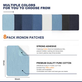 Azobur Iron on Patches for Clothing Repair, 8 Pcs Jean Patches for Inside and Outside, Sew on Iron on Denim Patches for Jeans Kits 5"x 8"（Turquoise Blue）