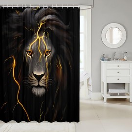 Lion Shower Curtain For Bathroom Gold Lightning Lion Head Bathroom Decor Sets With 12 Hooks Wild Animal Theme Home Decor Waterproof Polyester Shower Curtain For Boys Teens Men Black Grey 72"Wx72"L