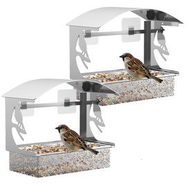 Tonitrui Window Bird Feeder with Heavy-Duty Adhesive Hooks for Outside,All-Season Metal Winter Bird Seed Feeder for Ultimate Window Viewing, 2-Pack (Silver)
