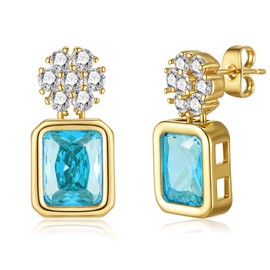 EVEVIC Austrian Crystal Square Drop Flower Studs Earrings for Women 14K Gold Plated Dangle Earring Jewelry Gifts, Medium, Brass Crystal, crystal
